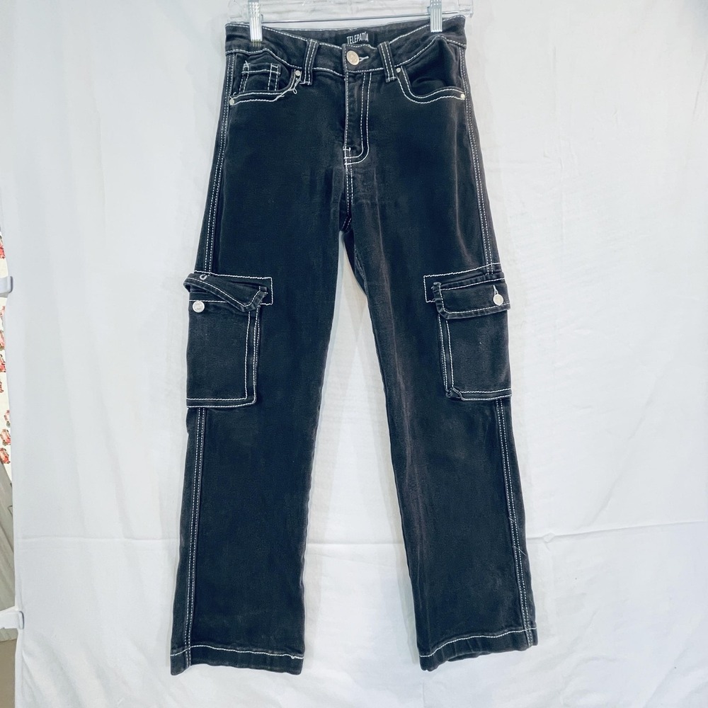 TELEPATÍA Jeans Juniors 7/28 Black Cargo Straight Leg Mid Rise‎ Stretch Denim